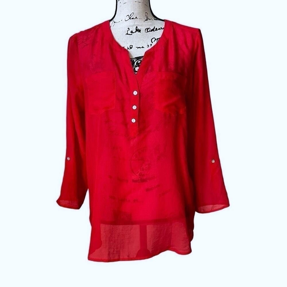 Express Womens Red Roll Tab Sleeve Henley Blouse Tunic Top Medium‎
